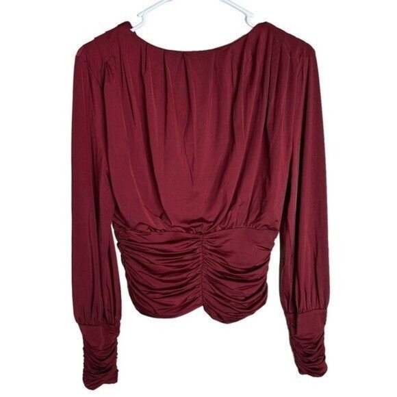 Express Silky V-Neck Ruched Top Burgundy Women’s Size Small - Picture 3 of 10